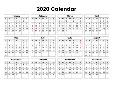 Free Printable 2020 Calendar – One Page Template | 12 ...