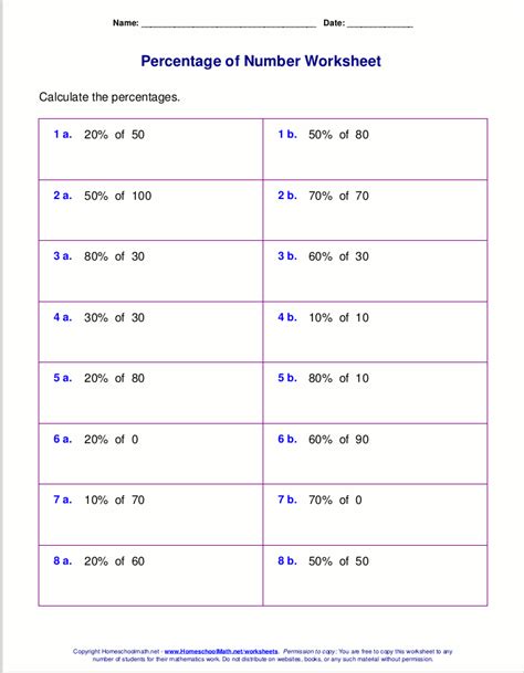 Free printable percentage of number worksheets