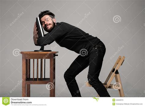 Funny And Crazy Man Using A Computer Stock Image   Image ...