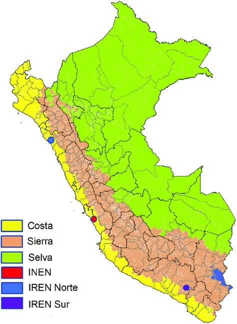 Geographical map of Peru. Different regions are colored. Green:  Selva ...
