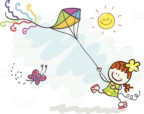 Girl Playing With Kite Cartoon Illustration Stock Vector ...