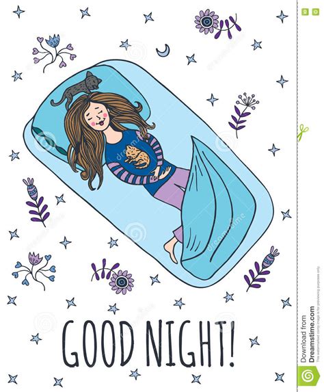 Good Night Card With Sleeping Girl Stock Illustration ...