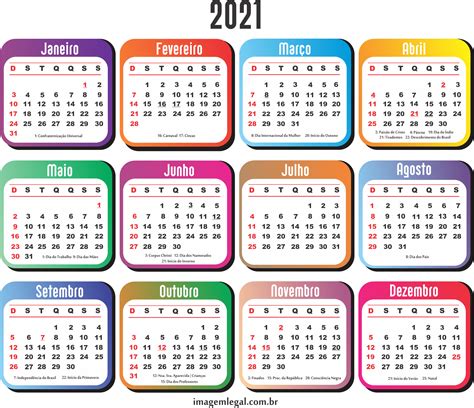 Grade Calendário 2021 com Feriados Colorida | Imagem Legal