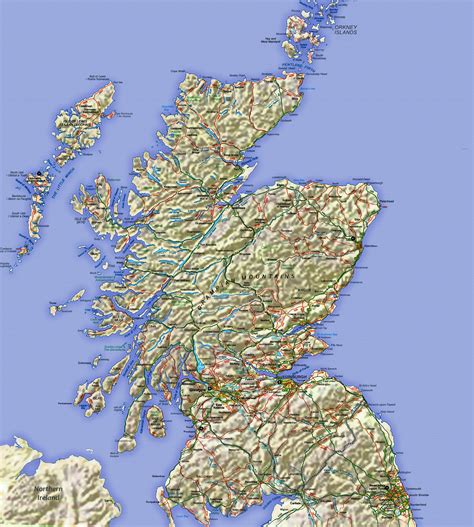 Grande mapa de Escocia con relieve, carreteras, grandes ...