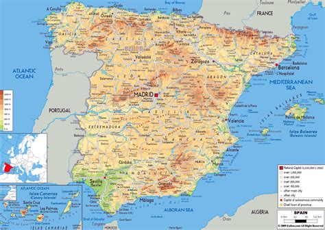 Grande mapa físico de España con carreteras, ciudades y ...