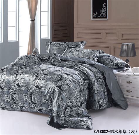 Grey silver silk bedding set sheets paisley super king ...