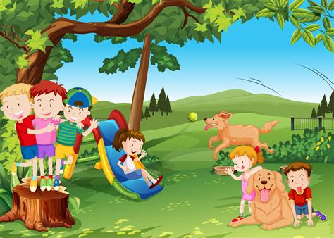 Group of children and dogs playing in the park   Download ...