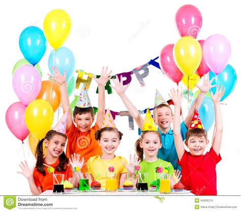 Group Of Children At The Birthday Party With Raised Hands ...