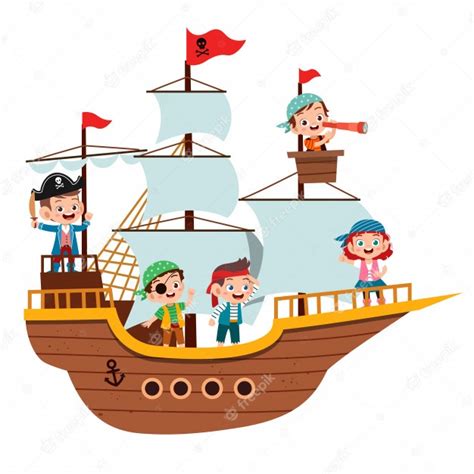 Grupo de piratas de dibujos animados en un barco en el mar ...