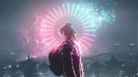 Guy in city iluminated in neon colors Wallpaper 4k Ultra HD ID:5322