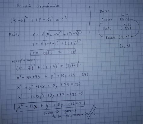 Hallar la ecuación de la circunferencia con centro C 7, 5 y pasa por  7 ...