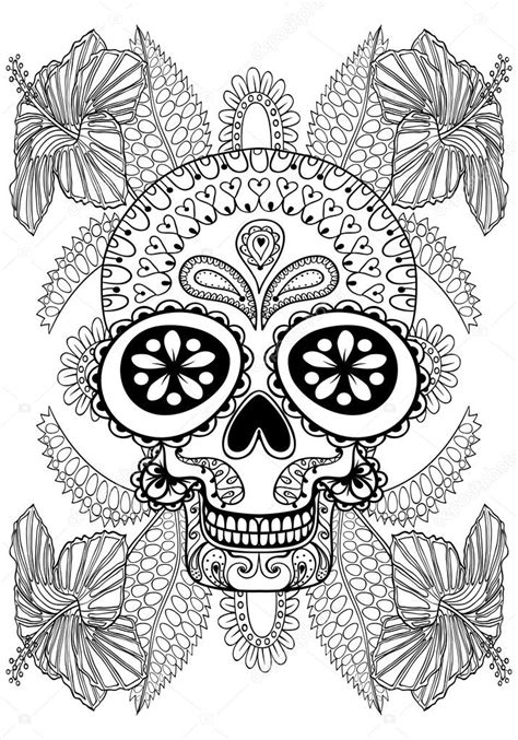 Hand drawn artistic Skull in flowers for adult coloring ...