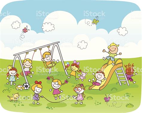 Happy Children Playing At Park Cartoon Illustration Stock ...