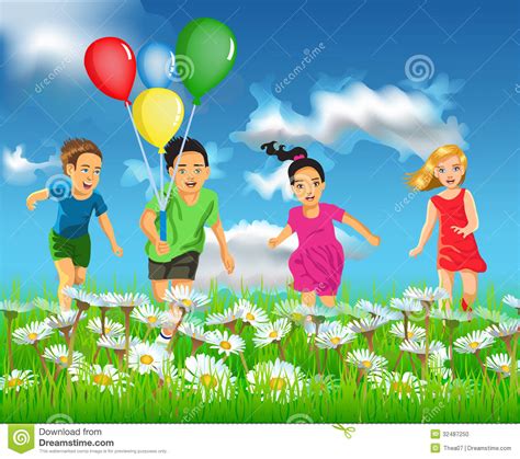 Happy Children Running In The Field Stock Photo   Image ...