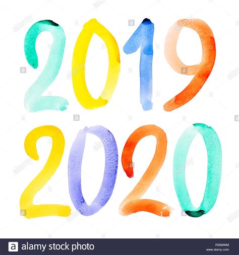 Happy New Year 2019, 2020   Hand drawn vivid watercolor ...