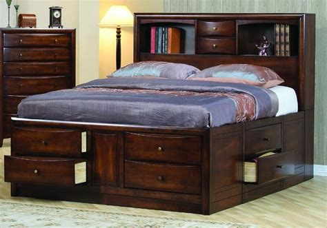 Hillary King Size Bedroom Storage Bed Brown Wood Frame ...