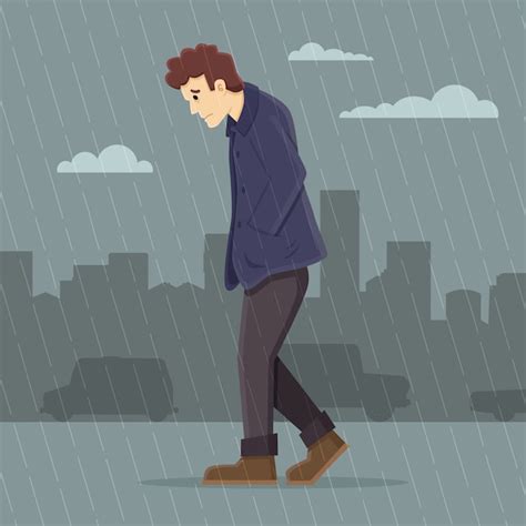 Hombre deprimido caminando bajo la lluvia | Vector Premium