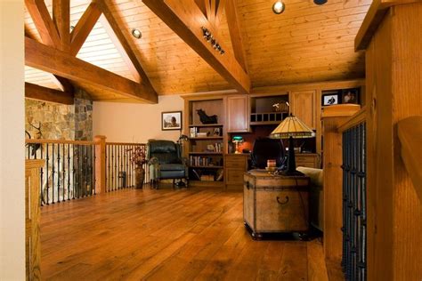 Home office space in the loft area of a rustic cabin style ...