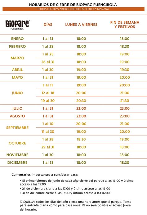 Horario anual   BIOPARC Fuengirola