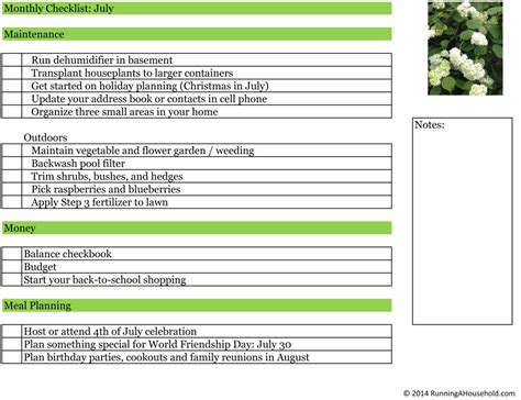 Household Checklist   July   Running A Household
