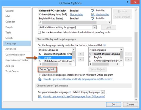 How to change the default language in Outlook?