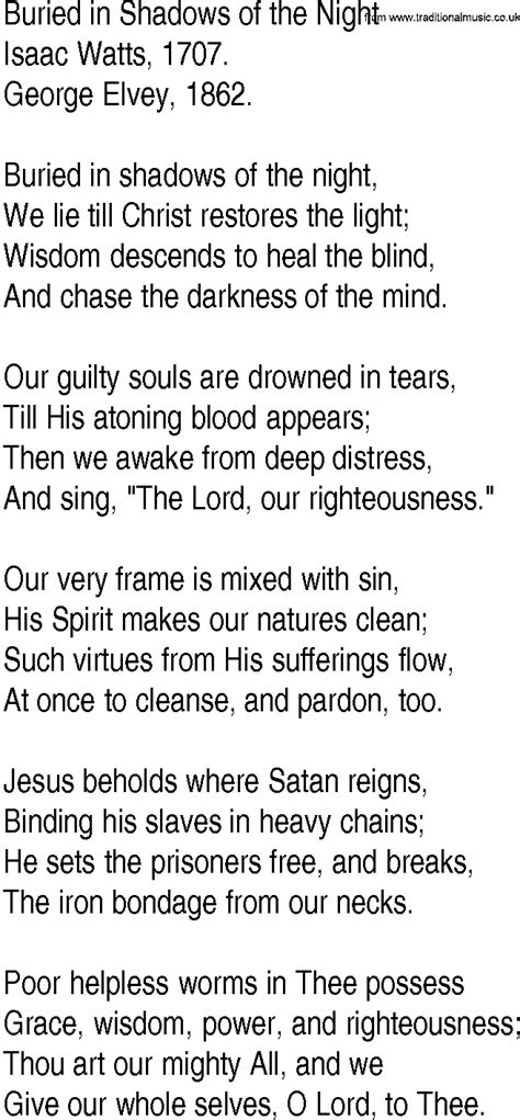 Hymn and Gospel Song Lyrics for Buried in Shadows of the ...