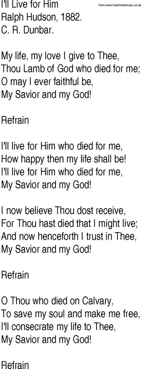 Hymn and Gospel Song Lyrics for I ll Live for Him by Ralph ...