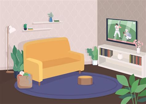 Ilustración de color plano de sala de estar moderna. mira la televisión ...