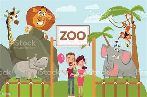 Ilustración de Familia Feliz En El Zoológico Vector De Plano ...
