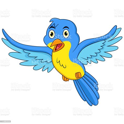 Ilustración de Feliz Pájaro Azul Dibujos Animados Volando y más ...