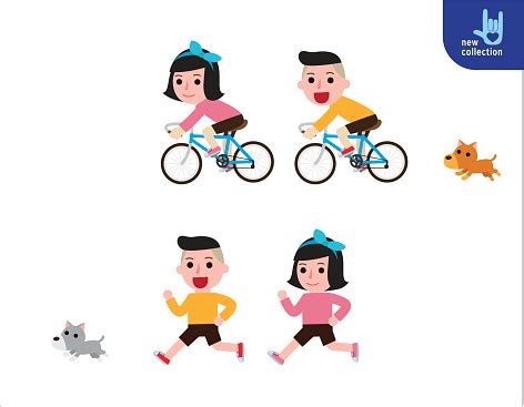 Ilustración de Niños En Bicicleta Y Correr Concepto De Ejercicio Vector ...