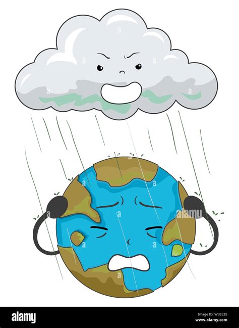 Ilustración de una nube mascota verter la lluvia ácida sobre la tierra ...