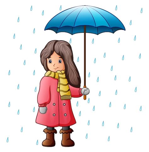 Ilustración de vector de niña bajo las gotas de lluvia con paraguas ...