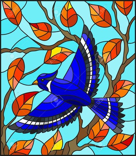 Ilustración en el estilo de vidrieras con un hermoso pájaro azul sobre ...