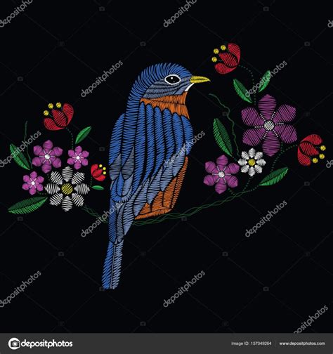 Ilustración vectorial bordado puntadas con manzanilla de pájaro azul ...