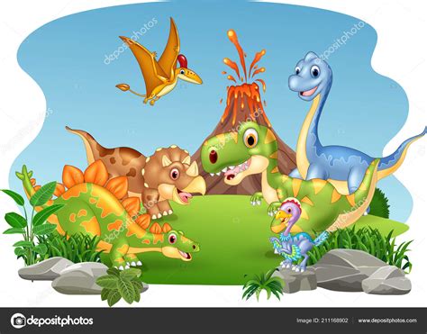 Ilustración Vectorial Dibujos Animados Dinosaurios Felices ...