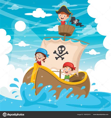 Ilustración Vectorial Dibujos Animados Niños Barco Pirata ...