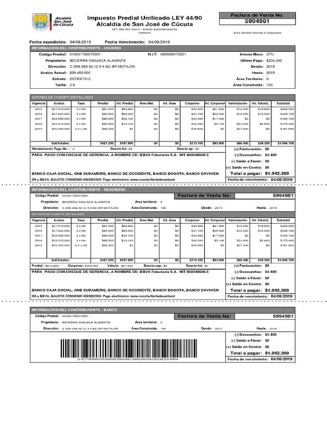 Impuesto Predial Unificado LEY 44/90 Alcaldía de San José de Cúcuta ...