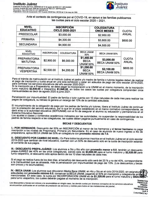 Instituto Juárez 1° Primaria: CUOTAS DE INSCRIPCIÓN CICLO ESCOLAR 2020 2021