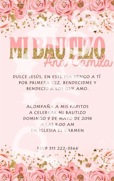 Invitación Digital Tarjeta Bautizo Niña Flores Rosa Y Dorado   $ 6.000 ...
