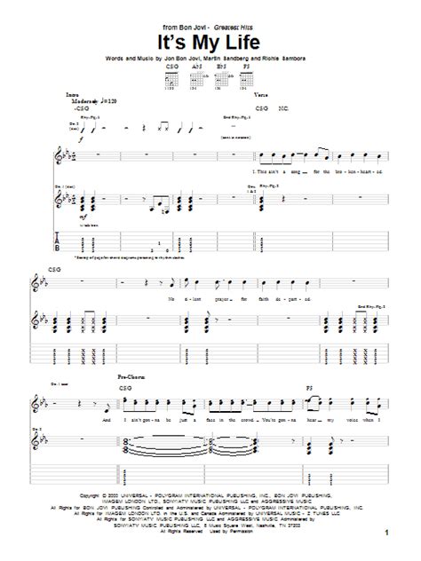 It s My Life Sheet Music | Bon Jovi | Guitar Tab