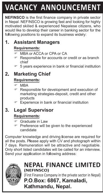 Job Vacancy   Nepal Finance Ltd.  NEFINSCO  | Jobs in Nepal