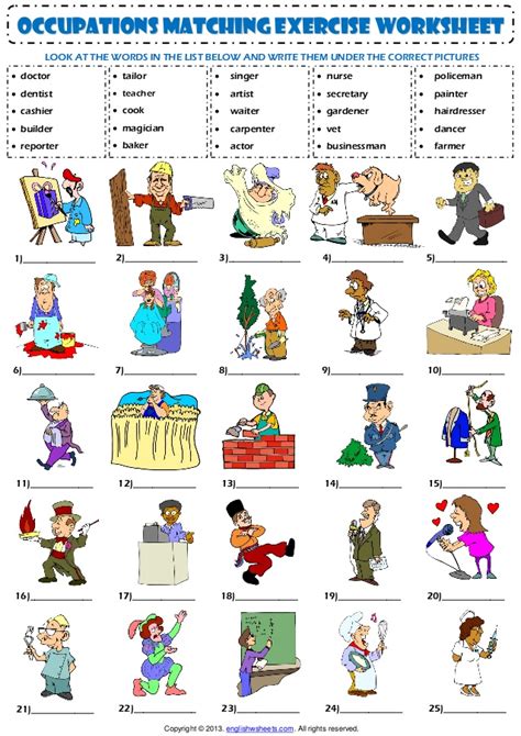 Jobs occupations professions vocabulary matching exercise ...