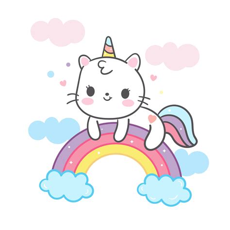 Kawaii Cat cartoon in unicorn vector on rainbow cute ...