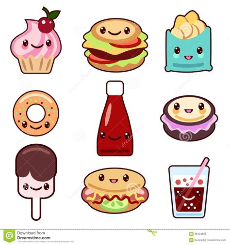 Kawaii fast food and fruit stock vector. Illustration of ...
