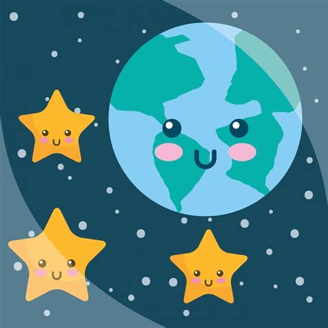 Kawaii planeta tierra estrellas dibujos animados cielo nocturno ...