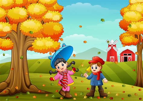Kids playing in farm landscape at autumn Vector | Premium ...