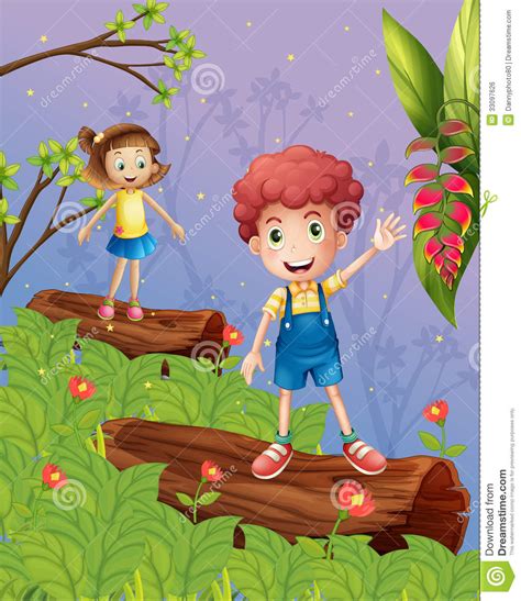 Kids playing in the forest stock vector. Illustration of ...
