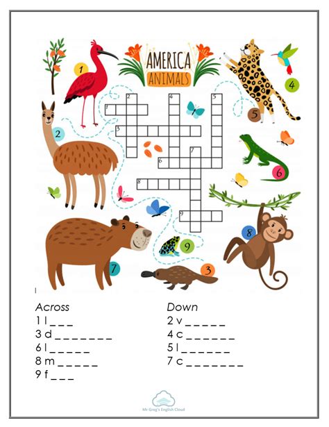 Kindergarten Crossword: Animals   Mr Greg s English Cloud