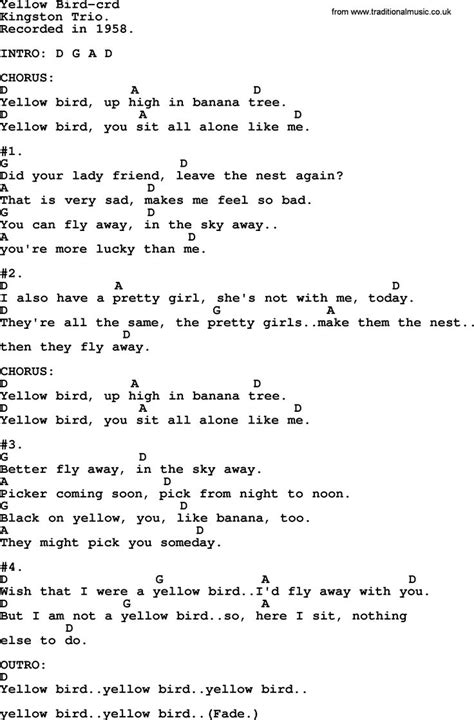 Kingston Trio song: Yellow Bird, lyrics and chords ...